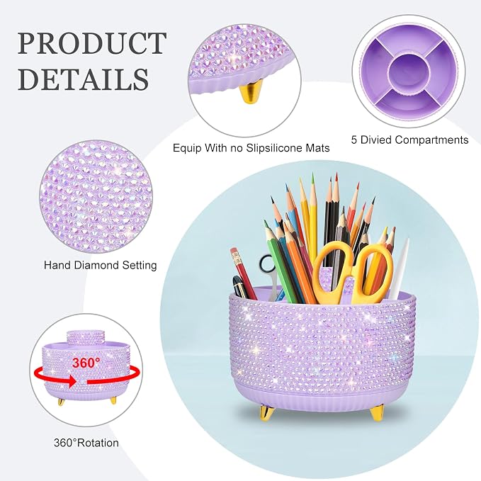 Bling Purple Phinestone Desk Organizer with 5 Slots 360 Degree Rotating，Bling Pen Holder Makeup Brush Holder for Women, Silver Rhinestone Office Accessories(Purple)