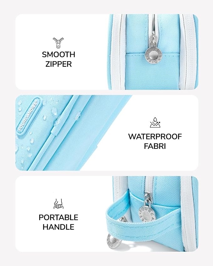 Four Candies Large Pencil Case, 3 Compartment Organizer Pouch | Large Pen Bag for Stationery & Office Multi-Purpose Organizer Makeup Bag Travel Bag with Handle (Blue)