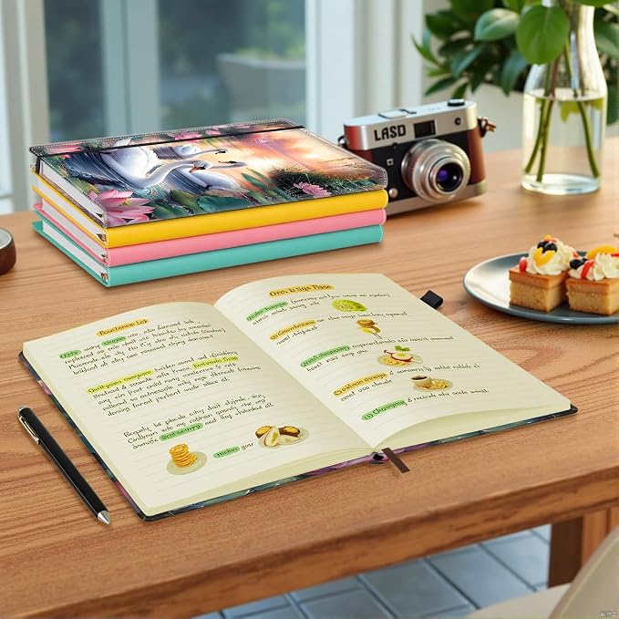 Hardcover Executive Notebooks, A5 PU Leather Lined Journal Notebook, 200 Pages Thick Paper Subject Notebooks for School,Work,Home Writing Business Notebook, Diary Book ，White Swan and Lotus