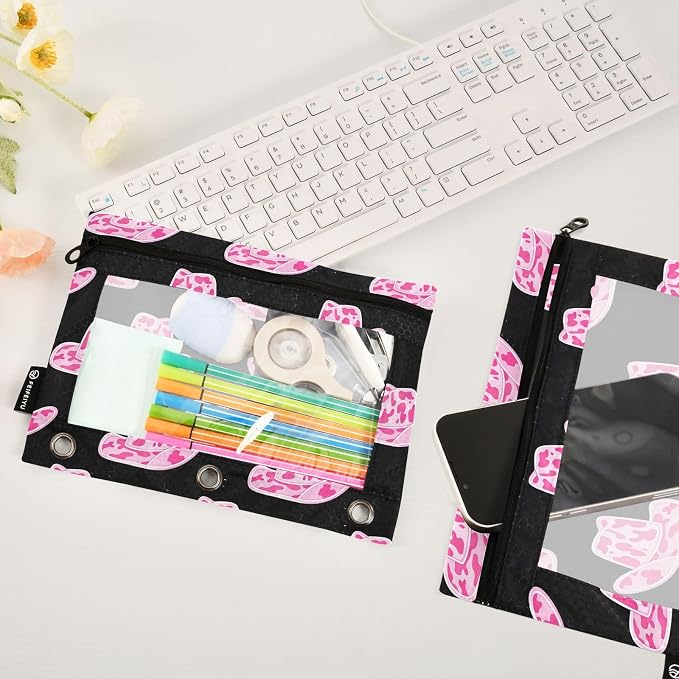 Gredecor Binder Pencil Pouch 3 Ring Cowgirl Hat with Pink Cow Zipper Pencil Pouches Case 2 Pack Clear Binder Organizer for School Office