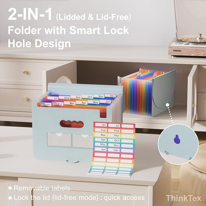 ThinkTex Accordion File Organizer, 12 - Pocket Expanding File Folders | for Receipts, Bill&Taxes Organizer, Letter/A4 Size Document Holder for School, Office, Home with tabs-Light Blue