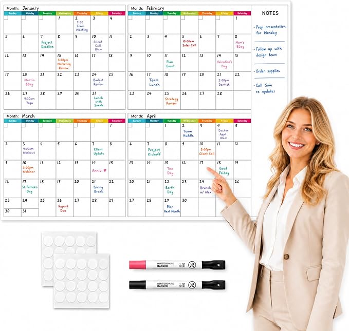Dry Erase Calendar for Wall 38x 25" Undated 4 Month Wall Calendar | Colorful Layout, Reusable PET Erasable Surface, Large 4-Month View, Easy to Write and Wipe Clean