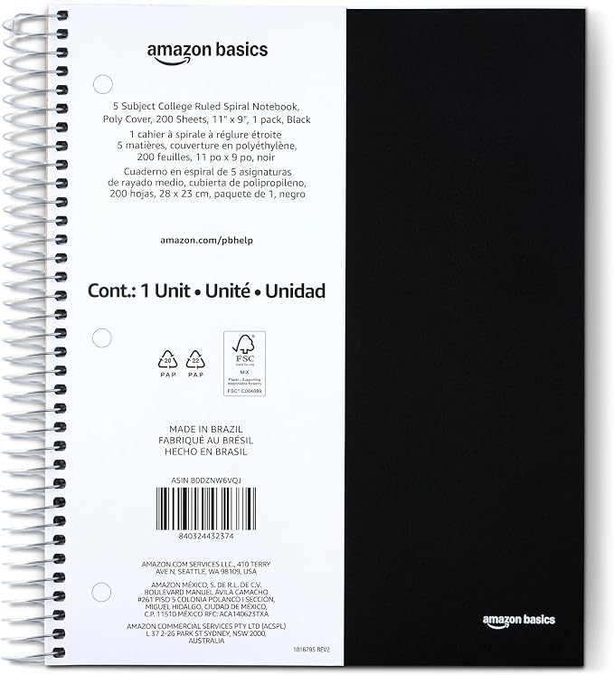 Amazon Basics College Ruled 5-Subject Spiral Notebook, 200 Sheets, 9" x 11", Black