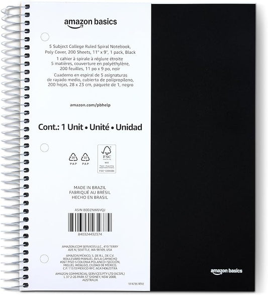 Amazon Basics College Ruled 5-Subject Spiral Notebook, 200 Sheets, 9" x 11", Black