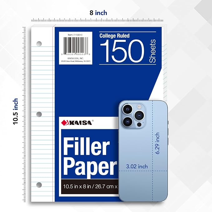 Kaisa Notebook Paper Bulk Wholesale Available 3 Pack Notebook Paper College Ruled 3-Hole Punched Loose Leaf Paper 8x10.5 Filler Paper for 3-Ring Binder, 150 Sheets/Pack (3 Pack-college)