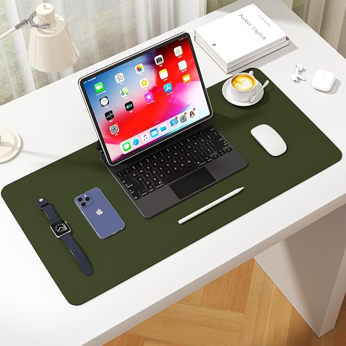 Leather Desk Pad Protector, Waterproof Mouse Pad, PU Desk Mat, Office Desk Cover, Desk Writing Mat for Office/Home/Work/Cubicle (Olive Green) 35.4x17 in