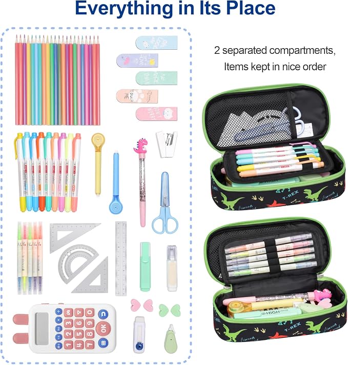 Bagseri 2 Pack Pencil Case for Boys Girls - Cute Pencil Pouch for Kids Pencil Box Large Capacity Pencil Bag Organizer for School (Purple Mermaid and Black Dinosaur)