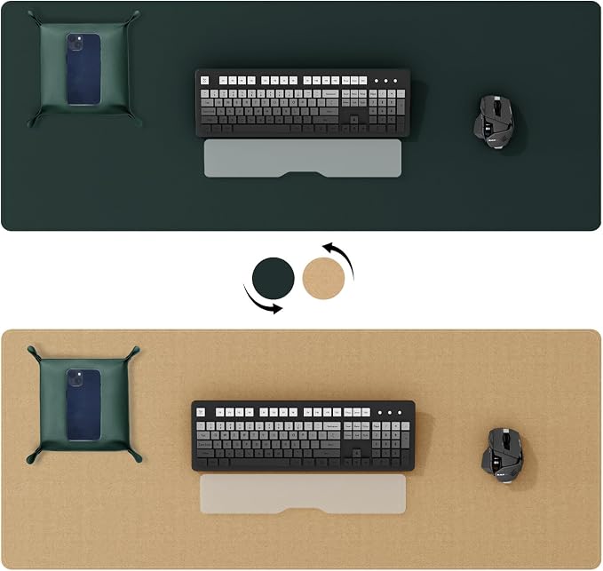 DAWNTREES Dark Green Desk Mat,Leather Desk Pad,40"x16",Cork Desk Mat Protector,with PU Leather Valet Tray Organizer,Large Mouse Pad,Desk Writing Pad for Office and Home