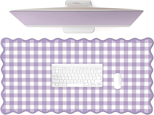 Scalloped‌ Purple Checkered Gingham Desk Mat Cute Pastel Large Mouse Pad Kawaii Cottagecore ‌Vintage‌ Girly Laptop Keyboard Computer Mat Pad Aesthetic Cozy Office Desk Decor for Women