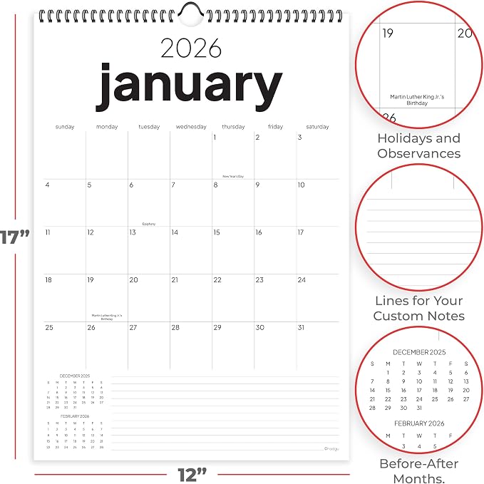 Wall Calendar 2026-2027, 18 Months, Runs from January 2026 to June 2027, 17" x 12" Large Wall Calendar with Hanger, Thick Paper and Spiral Binding. Simple and Stylish Aesthetic Design.