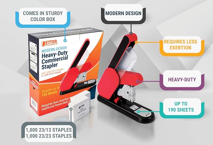 Better Office Products Heavy Duty Modern Stapler, Effortless Lever, 190 Sheet Capacity, 2,000 Heavy Duty Staples Included, Desk Stapler, Large Commercial Office Stapler (Red)