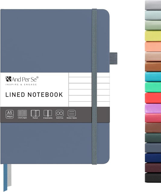 &And Per Se Lined Journal Notebook – A5 Hardcover, 160 Pages 100gsm Thick Paper, College Ruled for Writing - 5.7”x8” (Dark Blue)