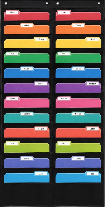 Essex Wares - 24 Pocket File Pocket Chart, Black, 28" x 55" | Versatile Wall Hanging File Folder Organizer for Classrooms, Offices, Home, and More - Wall Folder Organizer