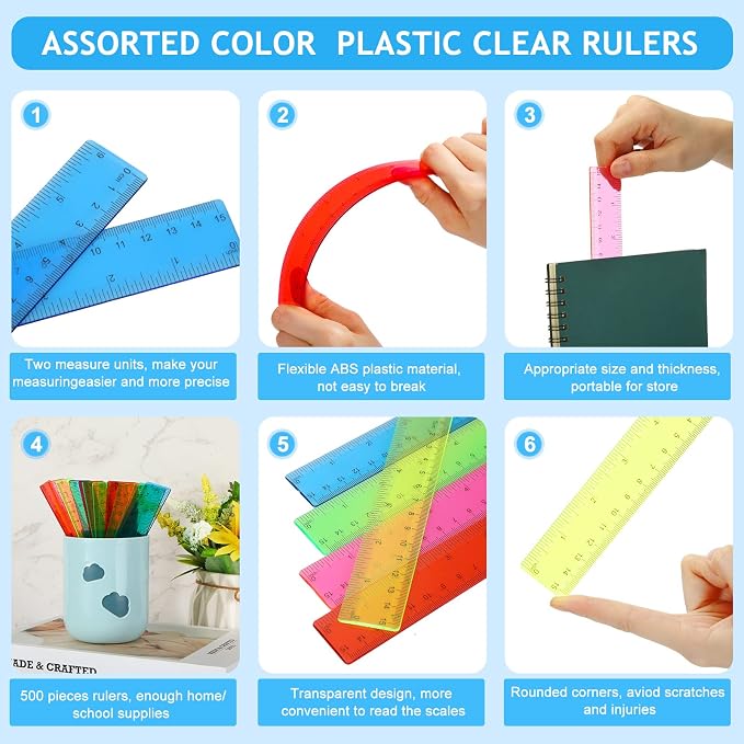 Zonon 50 Pcs 6 Inch/12 Inch Plastic Rulers Bulk Flexible Straight Rulers with Inches Centimeters First Day of School Gift Students Back to School Office Home Supplies (Colorful,6 Inch)