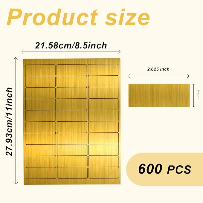 1" x 2-5/8" Colored Address Labels, 600 Bright Laser Gold Label Stickers- Laser/Ink Jet Printer Mailing Labels, 8.5"x11" 20 per Sheet