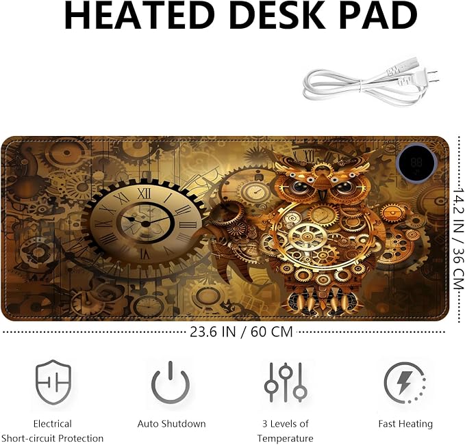 Heated Mouse Pad with 3 Levels Heated & 3 Hours Auto Shut-Off Mouse Pad for Warming Hands in Office Home, 23.6" x 14.2"Large Safe Desk Mat Hand Warmer，Mechanical Owl