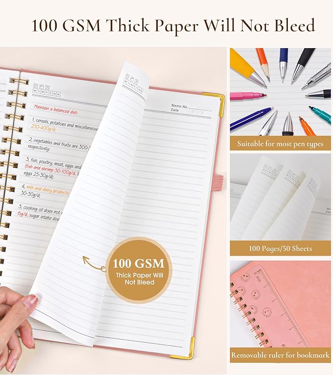Hardcover Spiral Notebook Journal 8.5” x 11”, A4 Large Leather Notebooks for Women Men, Lined College Ruled Notebook, 100 GSM Paper, Spiral Bound Journals for Work School Note Taking Business, Pink