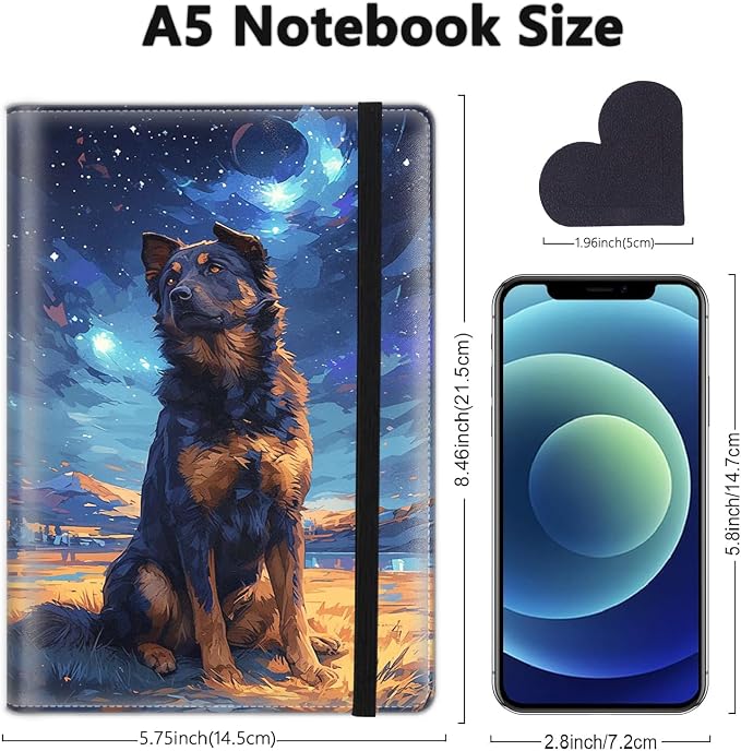 A5 Leather Lined Journal Notebook, 200 Pages Hardcover Executive Notebook for Office School Note Taking, Thick Writing Paper Daily Journal with Bookmarks/Indexes, Starry Night Dog German Shepherd