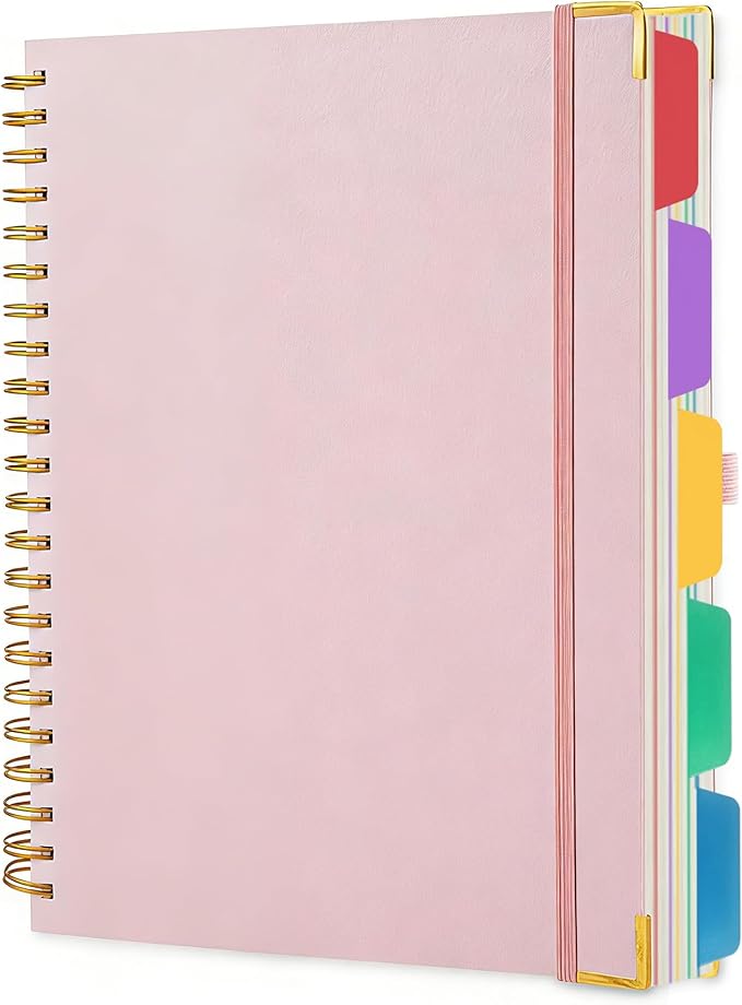 VANRTTO 5 Subjects Hardcover Spiral Notebook College Ruled Lined B5 Pink | Hardcover 8.0x10 IN Spiral Notebook With Removable Tab Dividers, 110 GSM Paper Notebooks for Work, 300 Pages B5 Notebooks