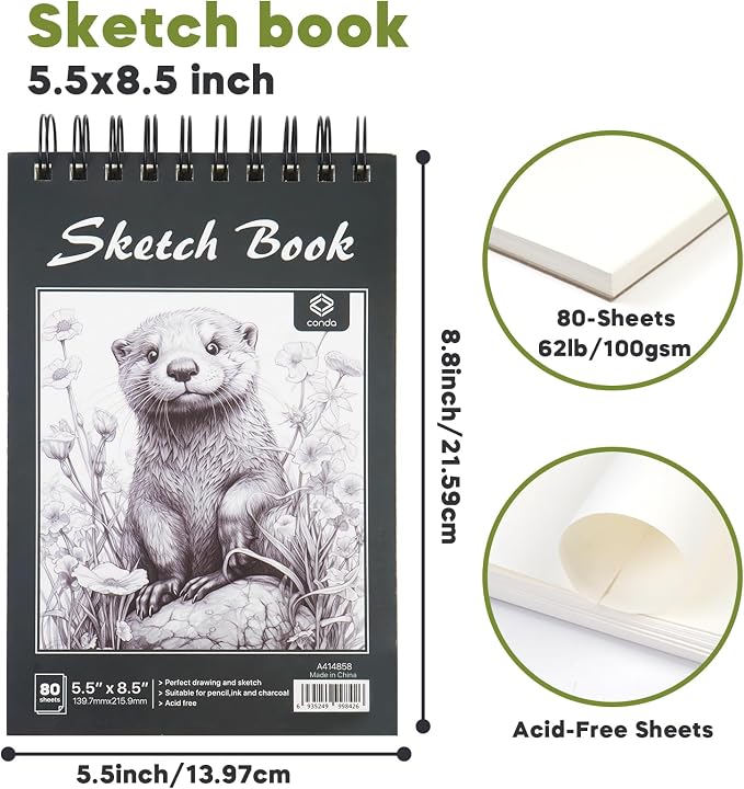 CONDA 5.5 x 8.5 Sketchbook Book, Top Spiral Bound Sketch Pad, 2 Pack, 80 Sheets Each (68lb/100gsm), Acid Free Art Paper for Drawing, Painting, Writing, Ideal for Beginners Artists Students Kids