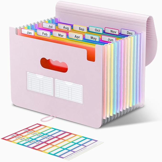 ThinkTex Accordion File Organizer, 12 - Pocket Expanding File Folders | for Receipts, Bills & Taxes Organizer, Letter/A4 Size Document Holder for School, Office, Home with tabs-Pinkish Purple