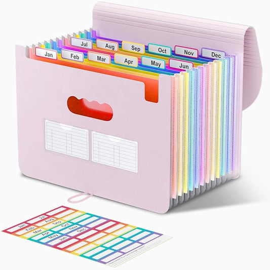 ThinkTex Accordion File Organizer, 12 - Pocket Expanding File Folders | for Receipts, Bills & Taxes Organizer, Letter/A4 Size Document Holder for School, Office, Home with tabs-Pinkish Purple