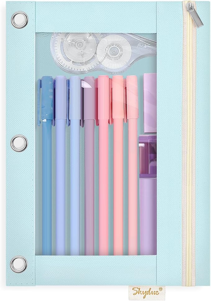 SKYDUE Pencil Pouches for 3 Ring Binder, Zipper Pencil Pouch for Girls Boys, Clear Window Pencil Bag, 3 Ring Pencil Pouch Case for Binder, Durable Organizer for School Supplies