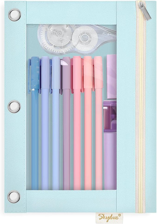 SKYDUE Pencil Pouches for 3 Ring Binder, Zipper Pencil Pouch for Girls Boys, Clear Window Pencil Bag, 3 Ring Pencil Pouch Case for Binder, Durable Organizer for School Supplies