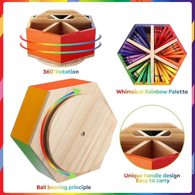 RattanView Rainbow Rotating Pen Holder, 360° Spinning Art Supply Organizer | Spinning Pencil Holder, Pen and Marker Organizer, Crayon Caddy, Desk Organizer for Classroom, Office and Daily Use