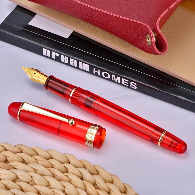 Asvine V126 Vacuum Filling Fountain Pen Extra Fine Nib, Transparent Red Acrylic, Large-Capacity with Gift Case