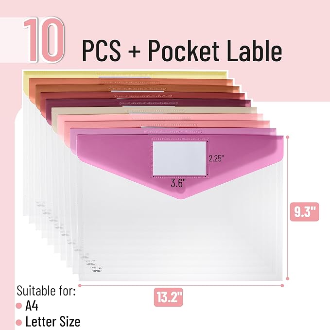 Mr. Pen- Clear Plastic Envelopes File Folders, 10 Pack, A4, Letter Size | Colorful Flaps, Clear Folders for Documents Plastic Poly Envelopes with Label for School, Home, Work, Office, Organizer