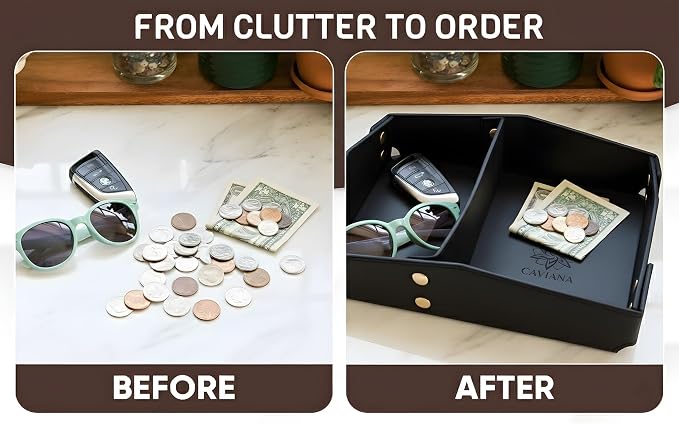Valet Tray Organizer for Men & Women - PU Leather Catch All Tray with Removable Divider - EDC Storage for Keys, Watch, Phone - Nightstand, Dresser & Desk Organizer - Obsidian Black