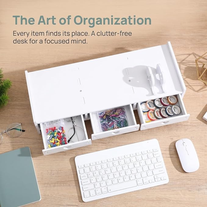 Tofficu Computer Monitor Riser with Drawer White Desk Shelf for Monitor and Keyboard Storage Rack Office Desk Organizer for Laptop Stand Riser for Home Office