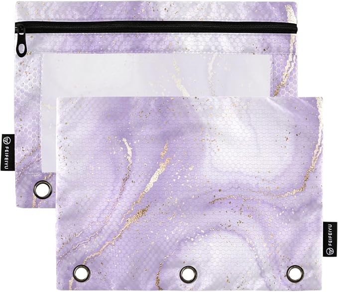 Purple Marble Ripple Pencil Pouch Fits standard 3-ring binders, Zipper Binder Pencil Bag with Clear Window for Class Office 2 Pack