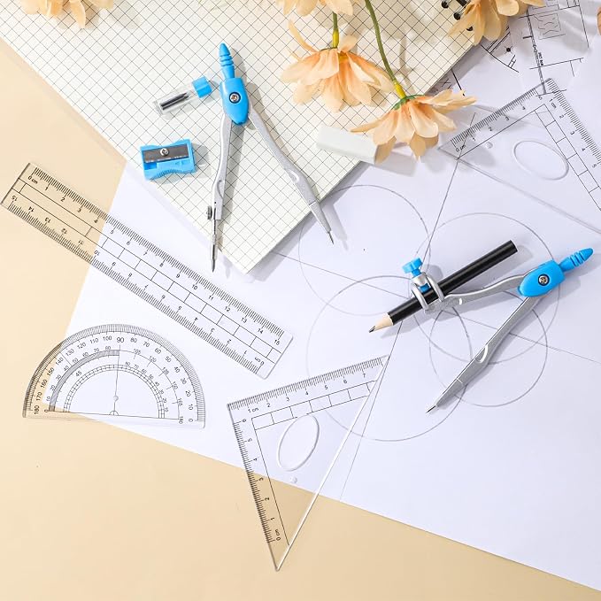 Zonon Math Geometry Set for Students 10 Pcs Compass Geometry Tools Kit Includes Protractor Compass Lead Refills Rulers Pencil Sharpener Eraser Pencil Storage Box for Drafting and Drawings(Blue)