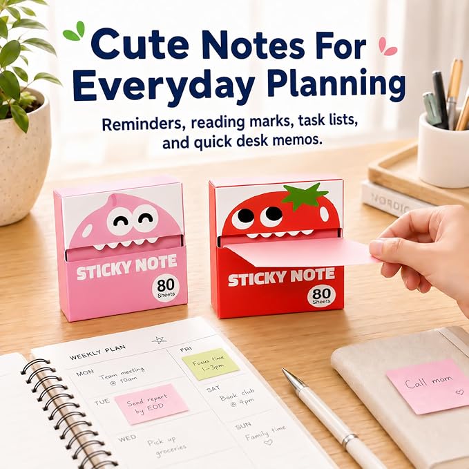 6 Boxes of Transparent Pull Out Sticky Notes (480 Sheets Total), Cute Fruit Monster Pop Up Sticky Notes, Office Stationery Work Accessories with Strong Adhesion Suitable for Office Work