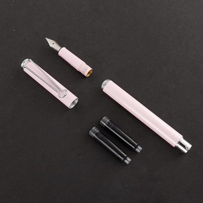 AIHAO Refillable Fountain Pen, Fine Point, Metal Fountain Pen with Gift Box, Black Ink, 2 Ink Cartridges in one Set, Pearl Pink