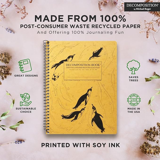 Decomposition King Penguins College Ruled Spiral Notebook - 9.75 x 7.5 Journal with 160 Lined Pages - 100% Recycled Paper - Cute Notebooks for School Supplies, Home & Office - Made in USA