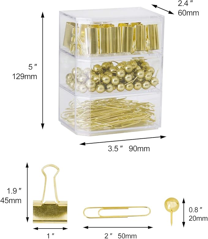 Gold Binder Paper Clips Set,182pcs Large Paper Clips,Binder Clips,Push pins, Office Supplies Clips for Women,Desk Accessory