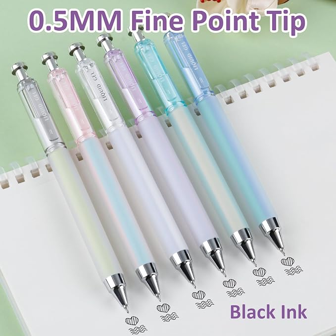 FIOVER 6 Pack 0.5mm Black Gel Pens, Quick Dry Fine Tip Pens with Soft Silicone Grip, Smooth Retractable Pens for Nurses, Teachers, Office & Journaling