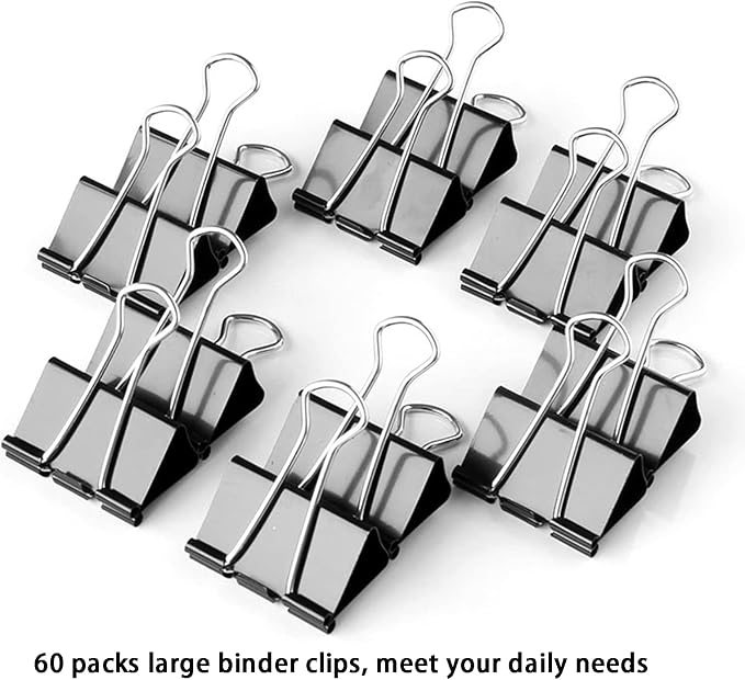 Large Binder Clips 1.6 Inch (60 Pack), Big Binder Clips for Office and Home Supplies, Black