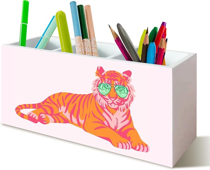 Pink Cute Tiger Pen Pencil Holder Organizer for Classroom Desk, Pink Tiger Girly Office Room Home Decor, Tigers Gifts for Women, Preppy Tigers Kids Desk Accessories