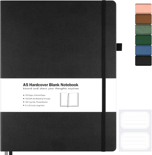 Blank Notebook, Hardcover Sketchbook, Leather Unlined Journal for Women Men | No Bleed Thick Paper Sketch Book for Drawing/Writing/Journaling, Lay Flat, A5 Portable Size for Work, School, and Travel