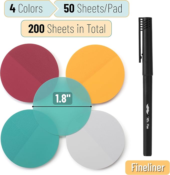 Mr. Pen- Round Transparent Sticky Notes, 1.8”, 4 Pads with Black Fineliner | 200 Sheets, Smooth Writing, Water-Resistant, Clean Removal, Easy-Peel Sticky Notes for Bible Journaling & Planning