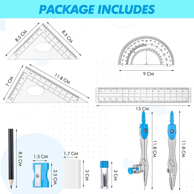 Zonon Math Geometry Set for Students 10 Pcs Compass Geometry Tools Kit Includes Protractor Compass Lead Refills Rulers Pencil Sharpener Eraser Pencil Storage Box for Drafting and Drawings(Blue)