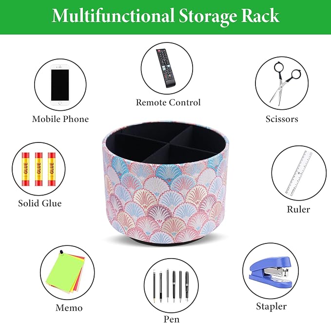 Round Leather Art Supply Organizer,Remote Control Holder,360-degree Rotating Pen Organizer with 4 Compartments(1-Peacock Pink)