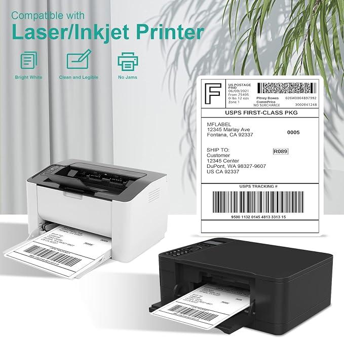 MFLABEL Full Sheet Sticker Paper - 50 Sheets 8.5" x 11" White Matte Printable Vinyl for Inkjet & Laser Printers | Permanent Adhesive for Shipping Labels, Address Labels, DIY Crafts & Packaging
