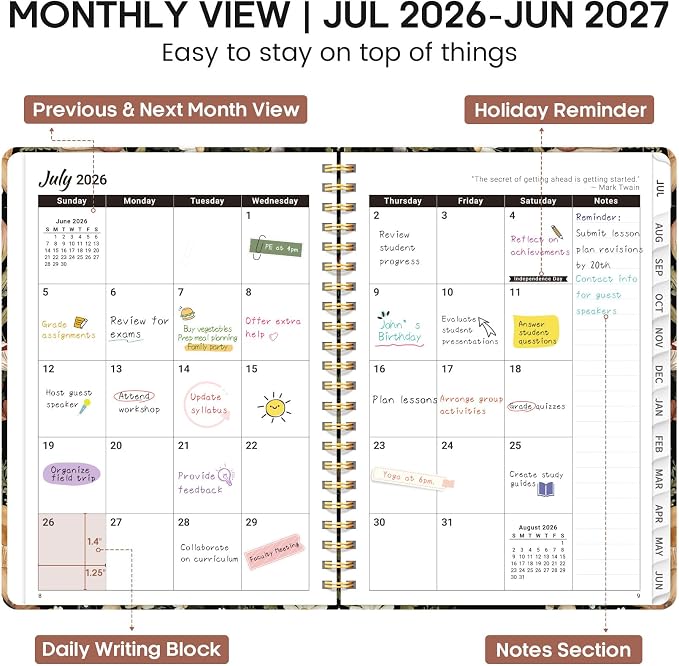 Academic Planner 2026-2027, Weekly and Monthly Calendar Book, July 2026 – June 2027, Hardcover Planner with Tabs, Perfect for Teachers, Students, Women & Men, A5 (6.4" x 8.5") - Mushroom
