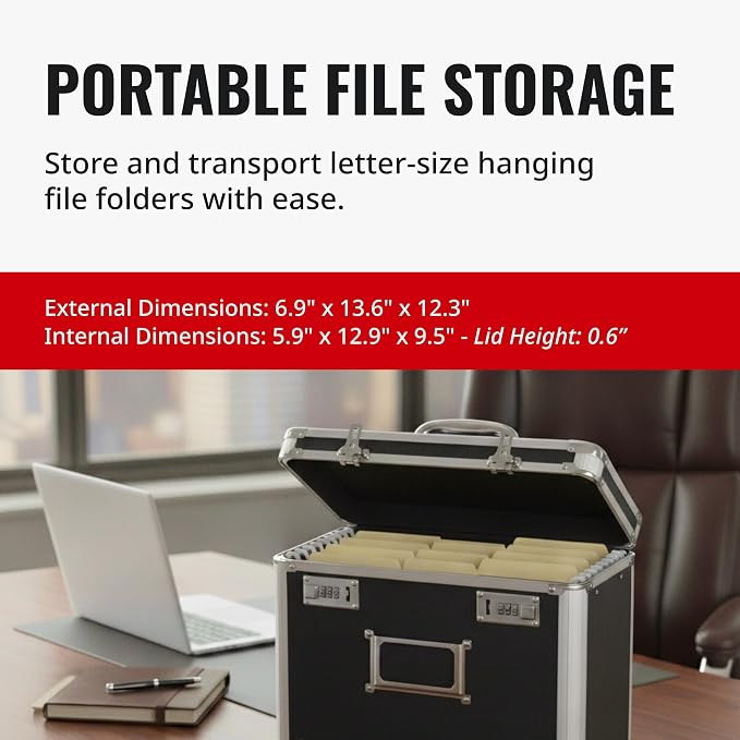 Vaultz File Organizer Storage Box - 14 x 7 x 12.19 Inch Letter Size, Portable Locking Storage Totes with Dual Combination Locks for Filing Office Documents - Black | Locking storage tote with dual combination locks, keeps office documents secure and or...