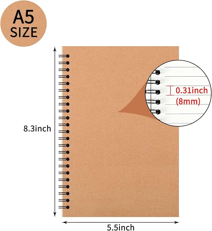 YOTNUS 100 Pcs A5 Spiral Notebooks Journal with Kraft Cover, 5x8 Inches, Ruled Lined Paper, for Work, Sketches, Study, Notes Taking, Gifts, Brown (100 PCS(Lined))